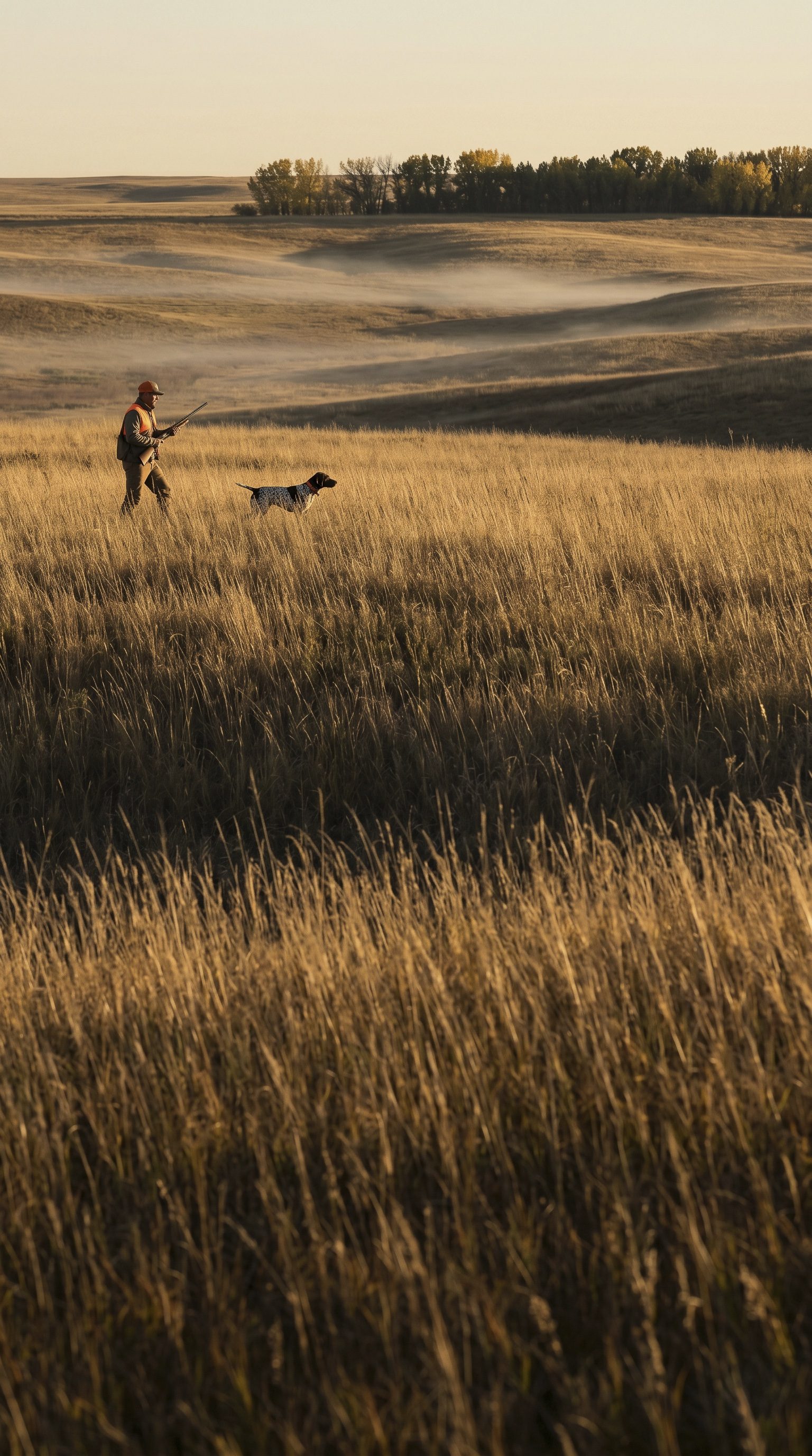 A handler and his pointing dog working golden grass at first light
