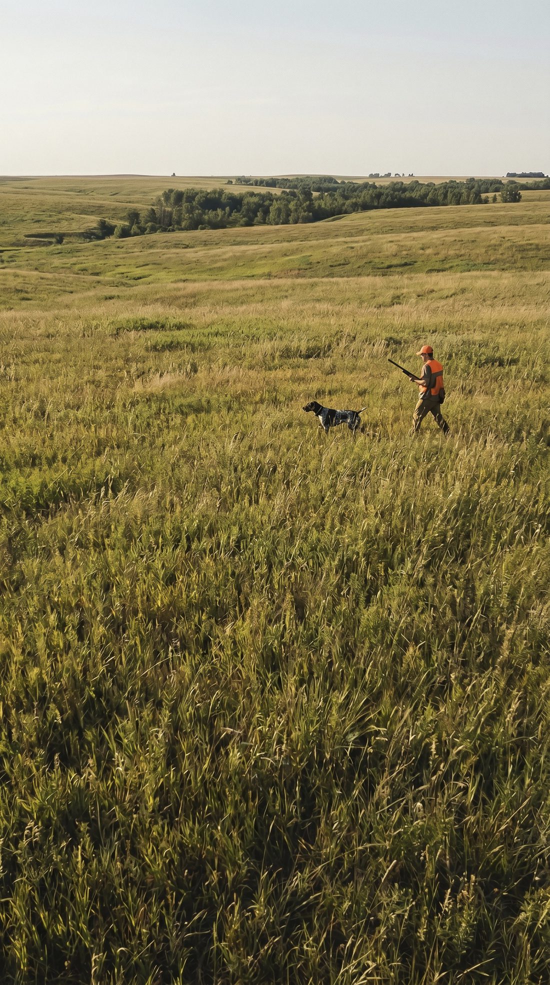 A handler and dog working open upland prairie