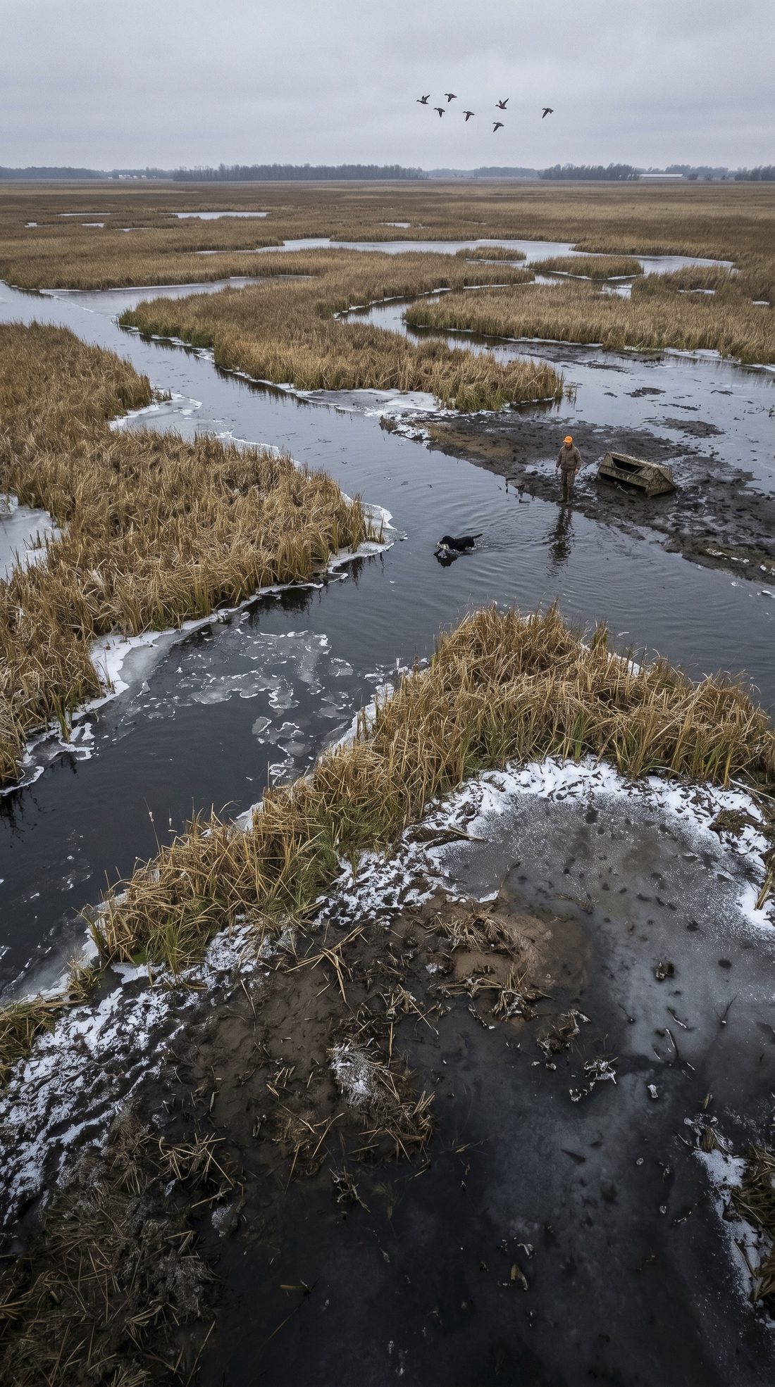 A waterfowler setting decoys in a frozen marsh at dawn